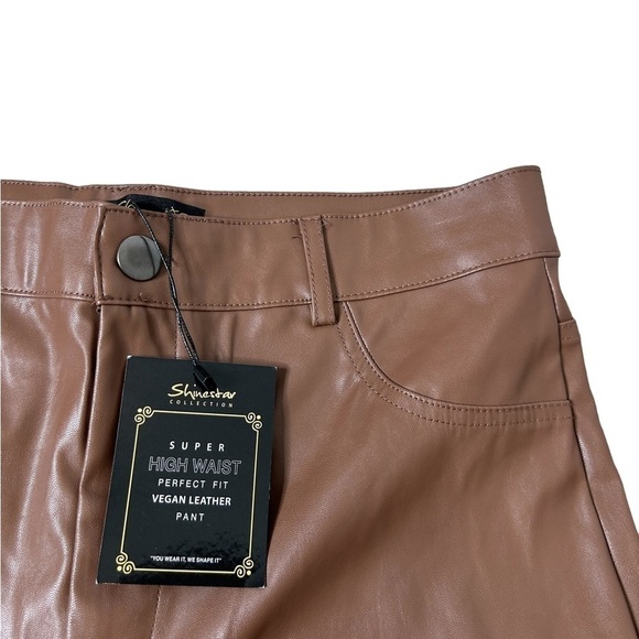 2/$30 Shinestar Brown High Waist Perfect Fit Faux Leather Vegan Skinny Pant XL - Picture 10 of 16